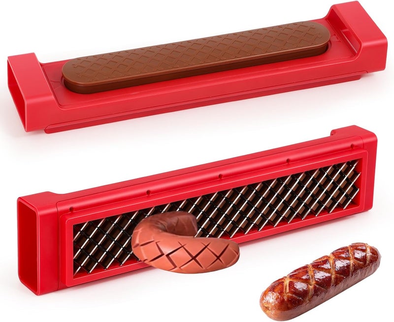COSPELEY Hot Dog Cutter Tool - Pop-Out Hot Dog Slicer Criss Cross, Stainless Steel Blades, Suitable for Kitchen, Grilling, Tailgating, Camping and Backyard Outdoor BBQ - 11 Inch - Red - Image 1